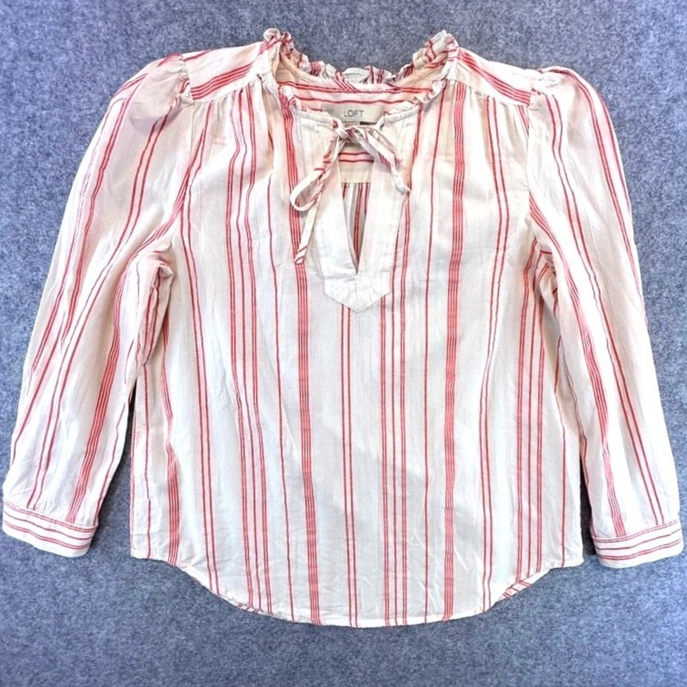 LOFT Red Ivory Striped Cotton Ruffle Tie Neck Puff Sleeve Blouse Peasant Small - Picture 2 of 8